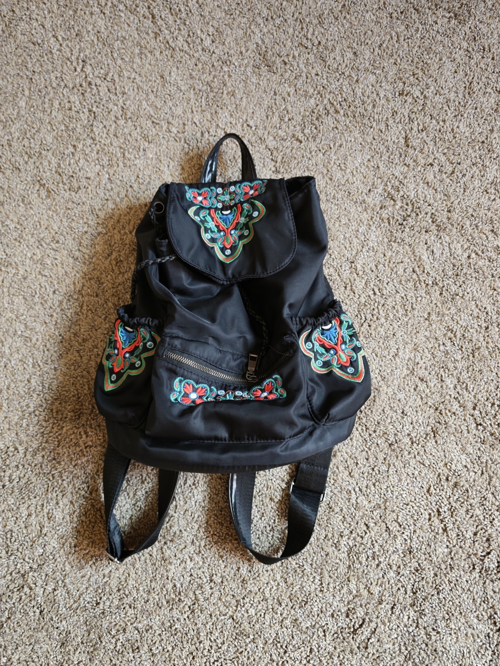 Black Embroidered Nylon Backpack with Colorful Floral Accents